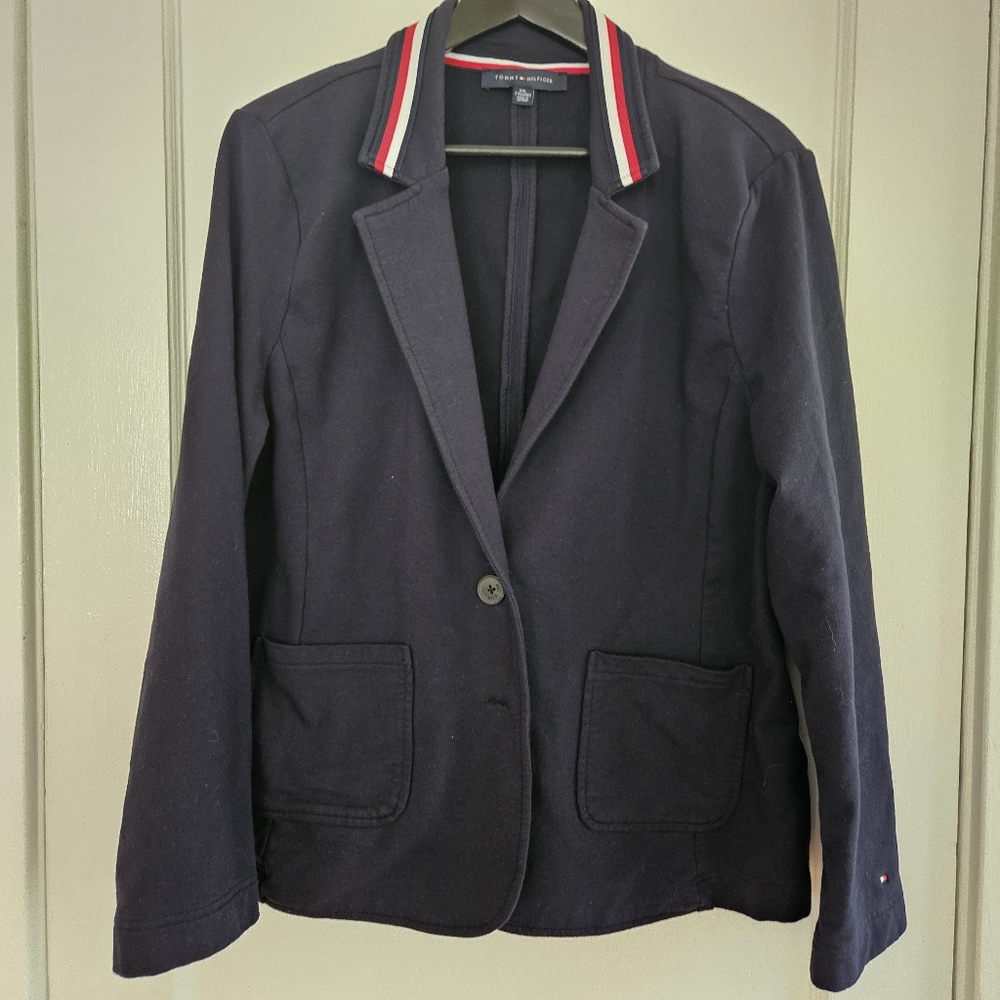 Tommy Hilfiger Navy Knit Blazer with Red and White Accents